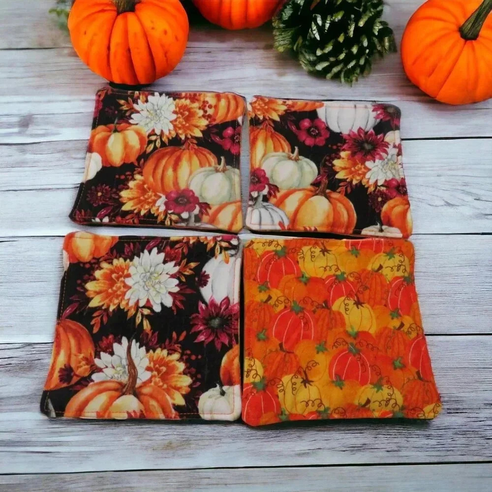 Fabric Coasters, Set Of 4, Reversible With Orange Pumpkins
